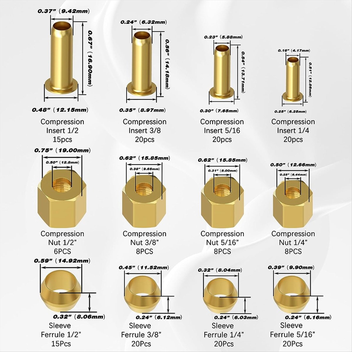 Compression Fitting Brass - ชุดอุปกรณ์ข้อต่อแบบอัด AT16 180 ชิ้น-(1/4 นิ้ว, 3/8